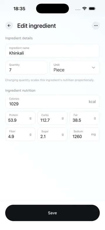 Fitroom-ის ინგრედიენტების რედაქტირების ეკრანი