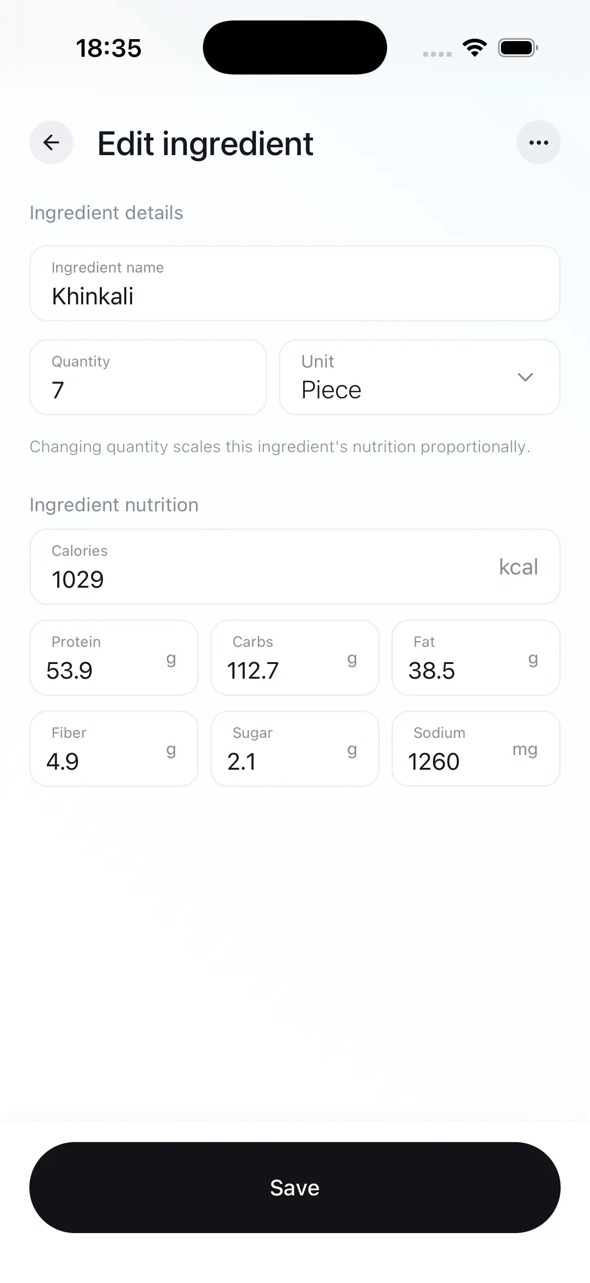 Fitroom edit ingredient screen