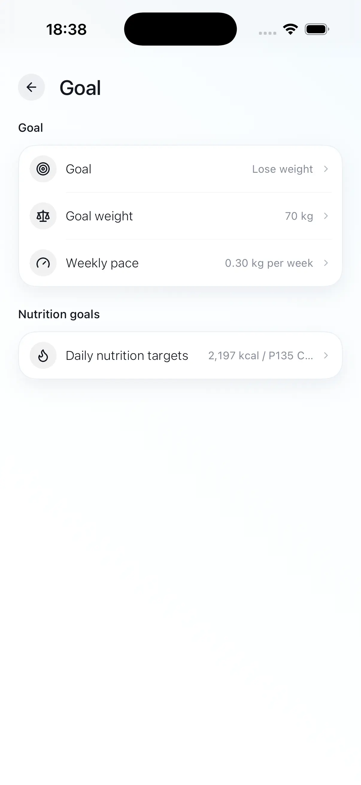 Fitroom personal goal and nutrition targets screen
